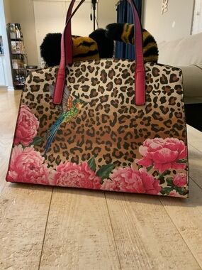 Leopard Print Tote with Pink Floral Trim and Pink Handles